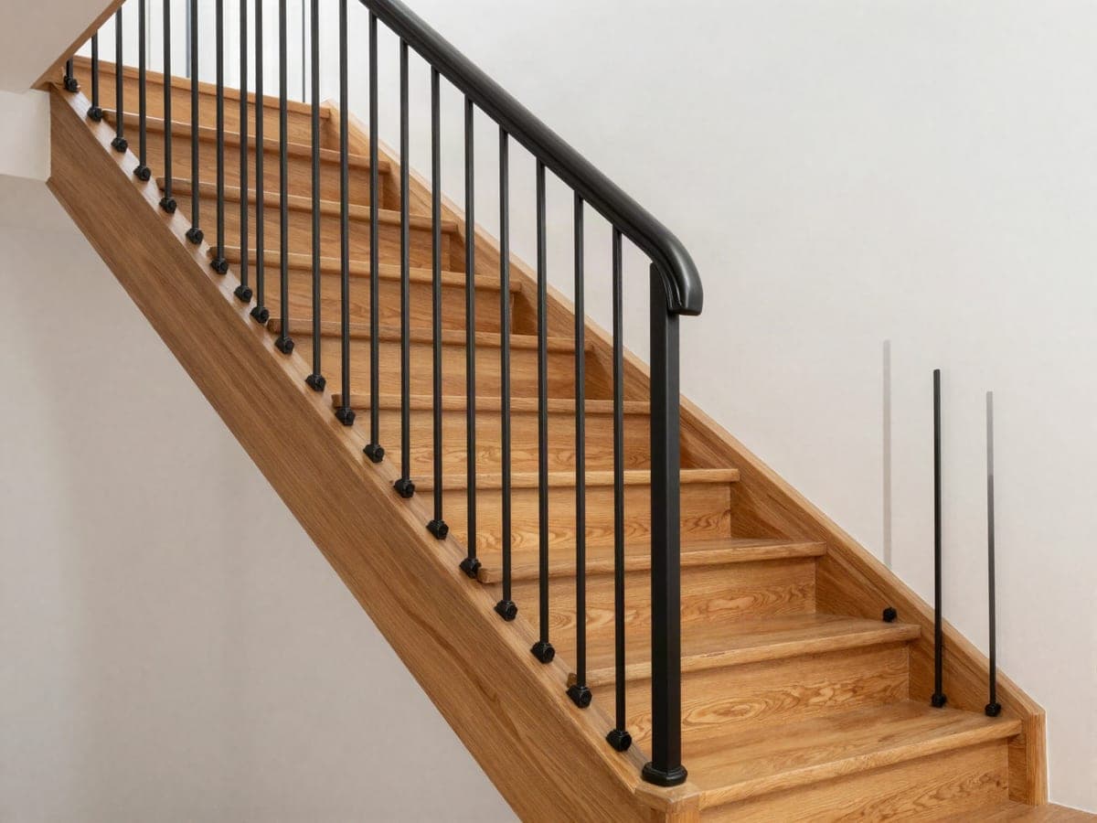 Symbolbild: Treppe mit Eichenstufen und schwarzem Stahlgeländer