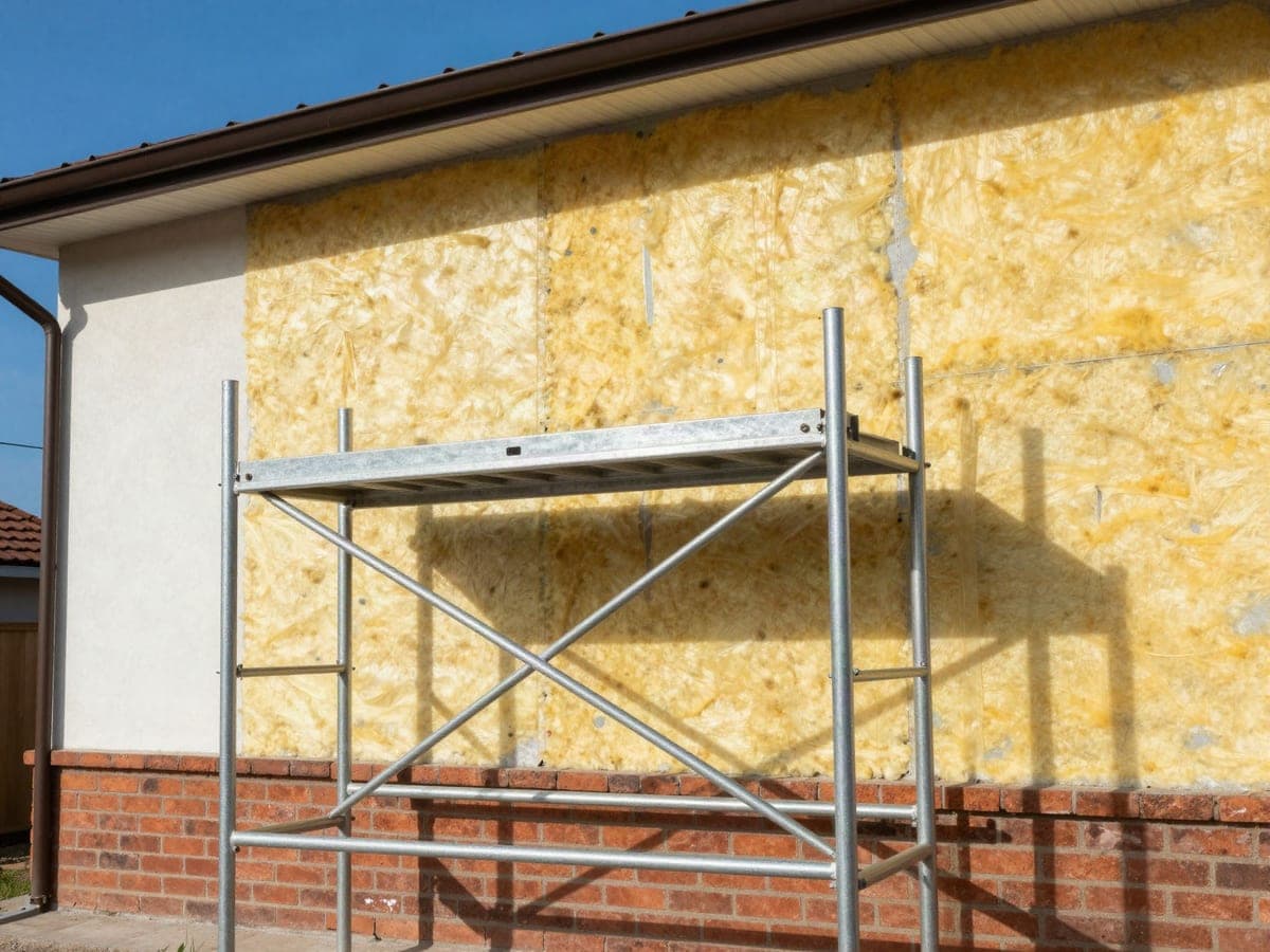 Symbolbild: Fassade mit gelber Dämmung hinter einem Gerüst