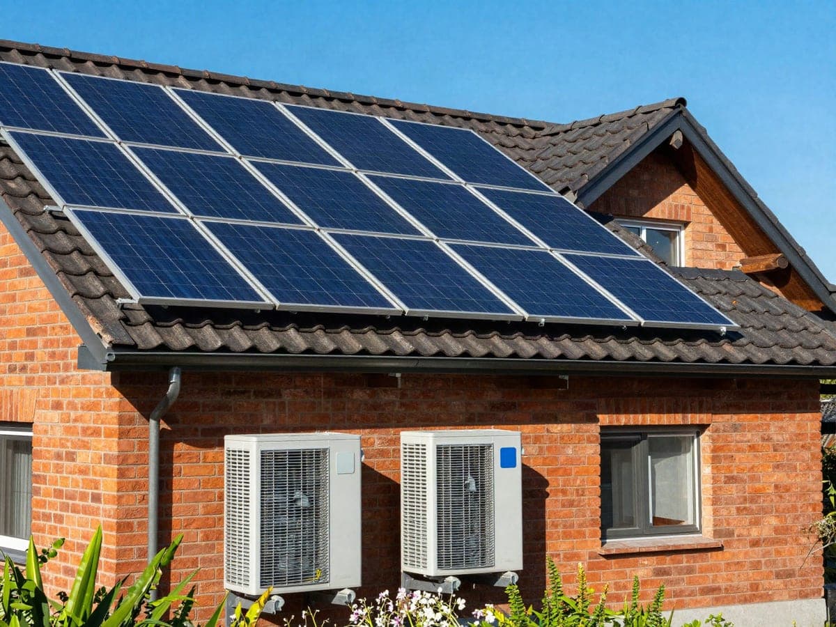 Symbolbild: Solaranlage auf einem Ziegeldach und Wärmepumpe an der Hauswand