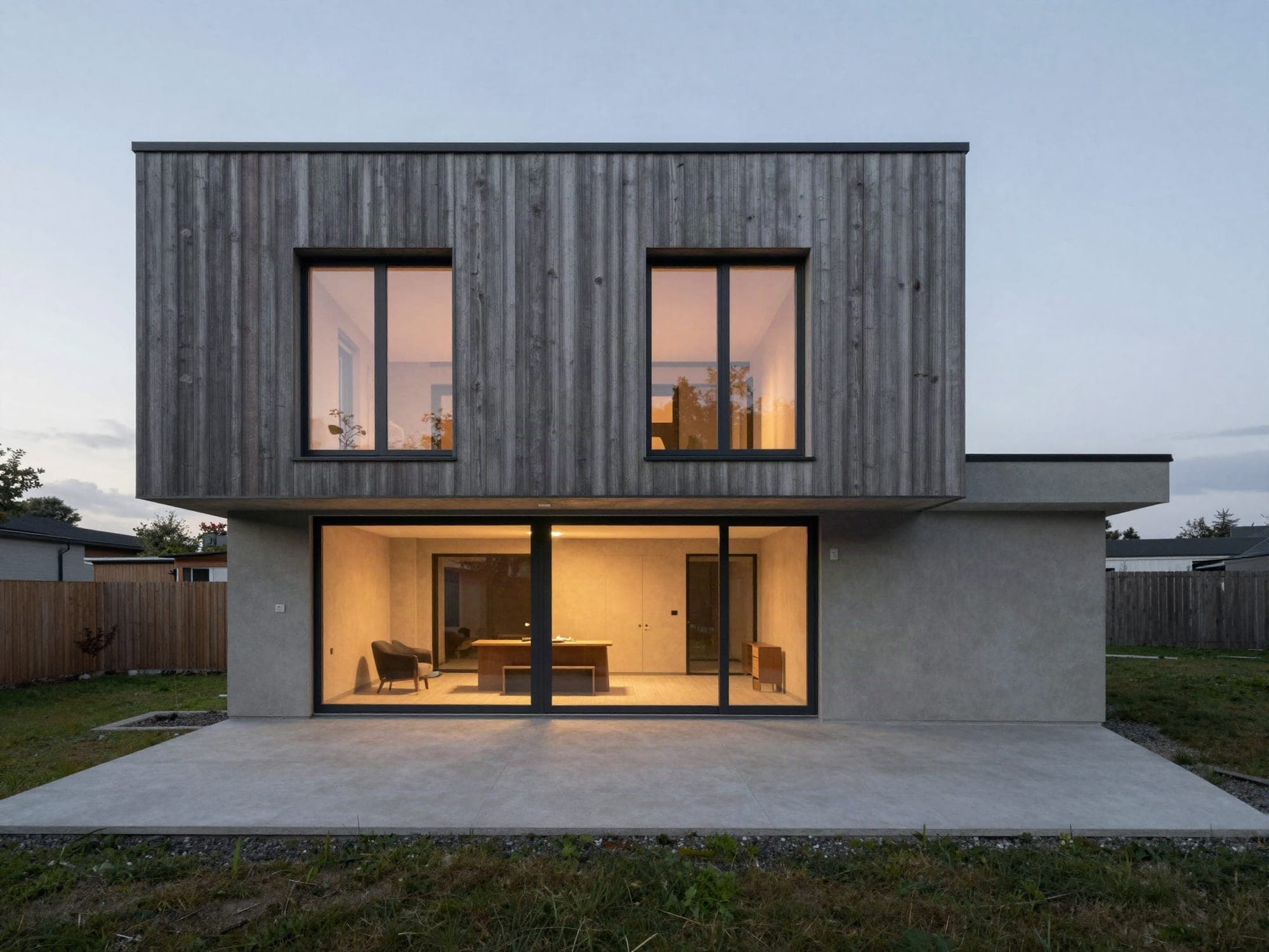 Symbolbild: modernes zweigeschossiges Wohnhaus mit Betonsockel, Holzfassade und großen Glasflächen in der Dämmerung
